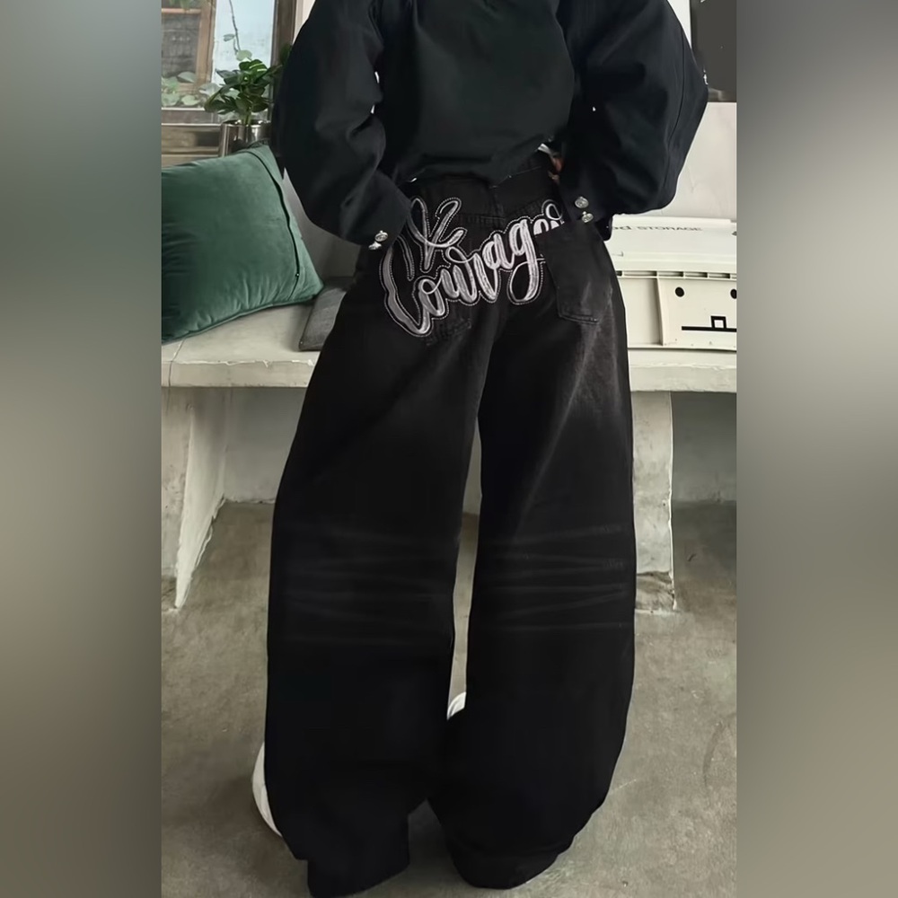 Black Wide-Leg Jeans with Embroidered Back Script
